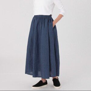 MUJI Japan Lovely Gray French LINEN Gathered Waist FLOWING Midi SKIRT M VG
